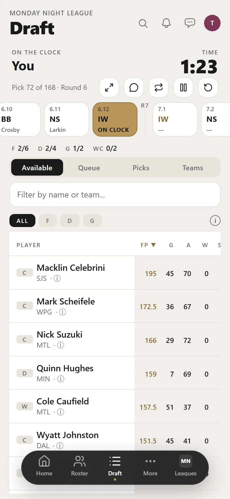 Riser draft room on a phone: selecting and confirming a pick