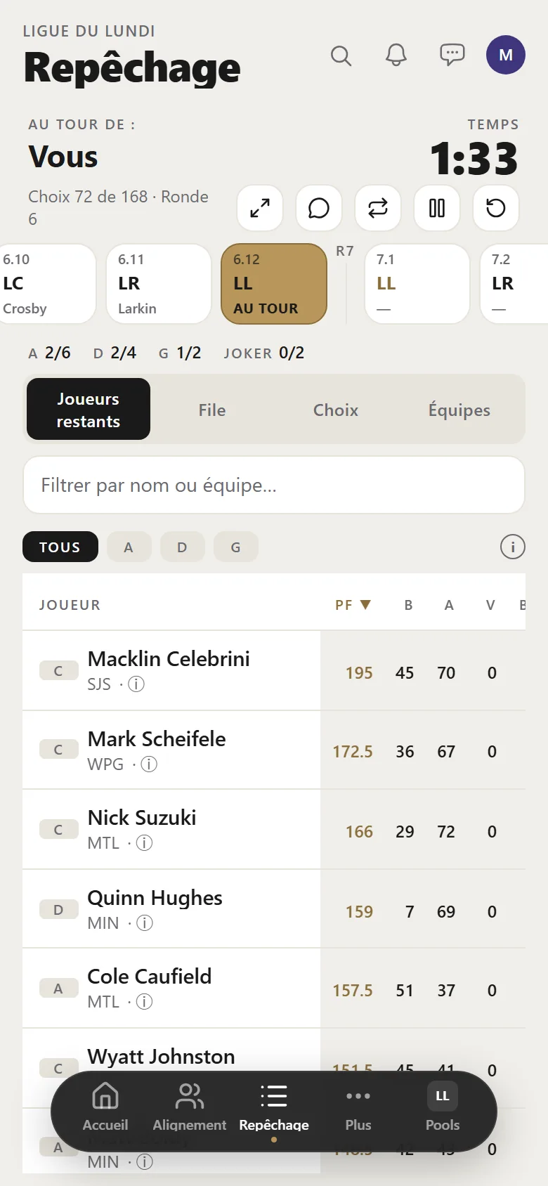 Salle de repêchage Riser sur un téléphone : sélection et confirmation d'un choix