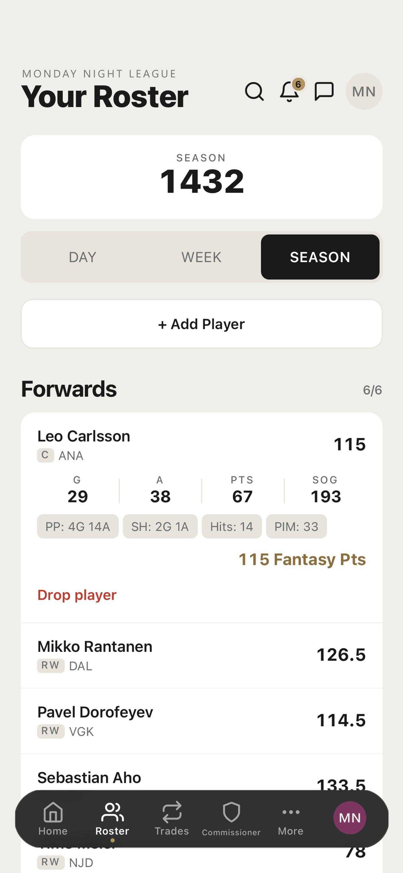 Set your lineup and manage your roster