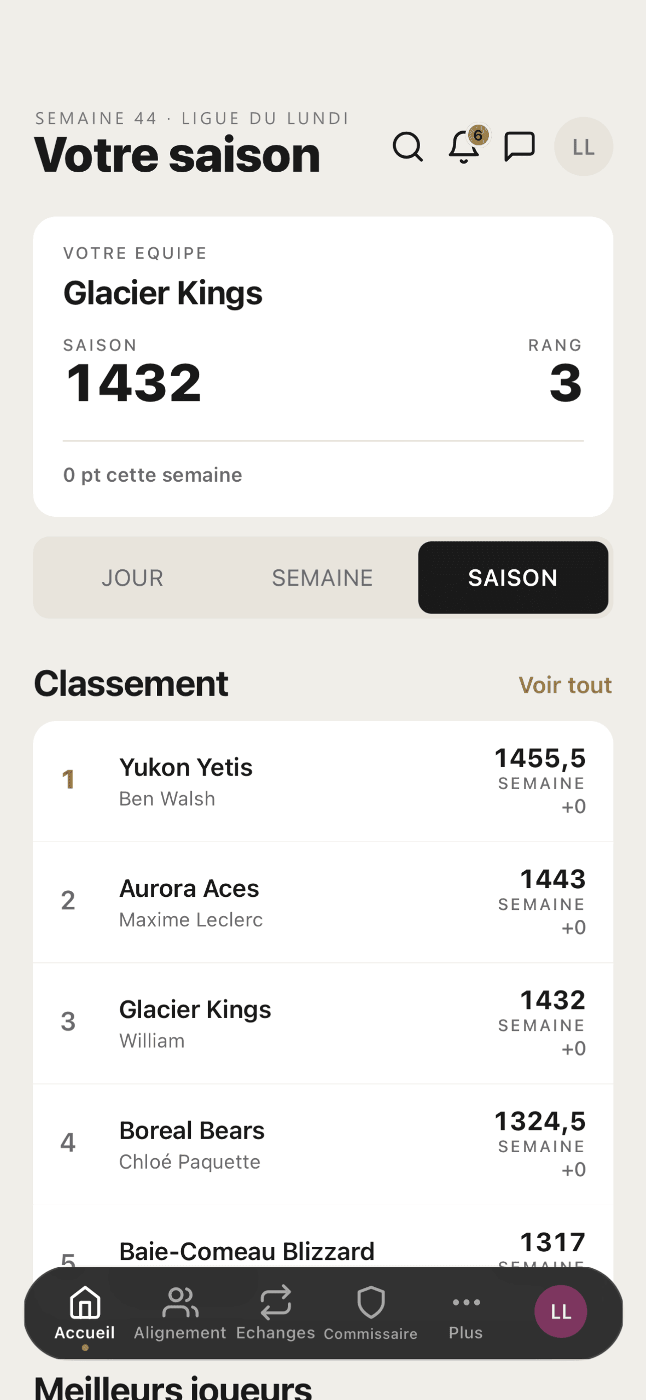 Suivez le classement en temps réel toute la saison